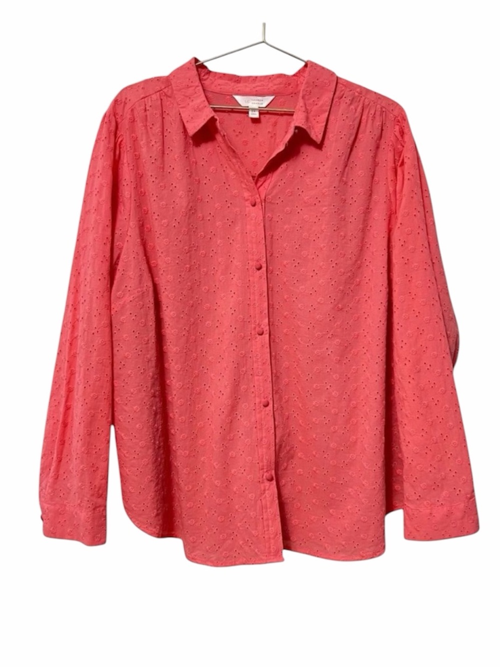 Lauren Conrad Coral Eyelet Button Down Shirt Size 2X Long Sleeve Cottagecore